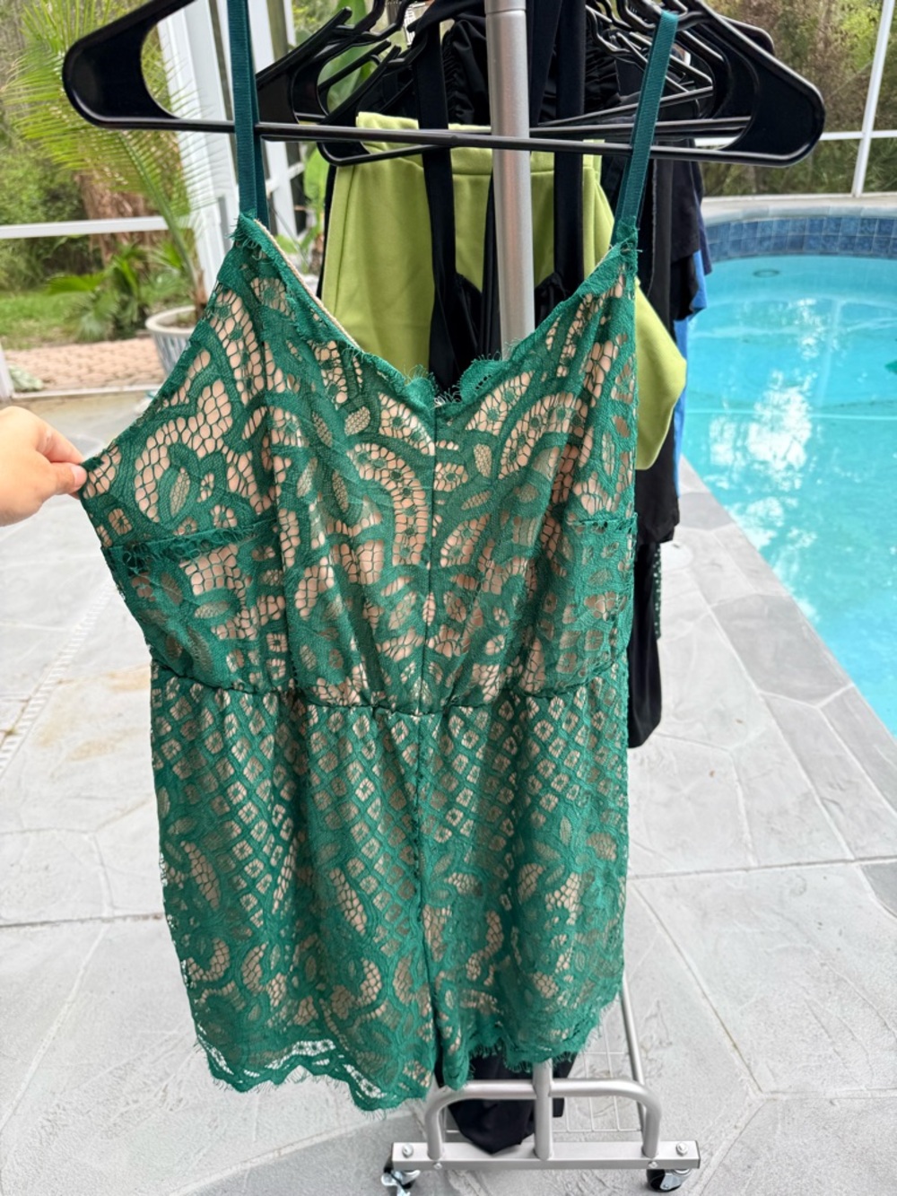 SHEIN Curve Green Lace Romper Nude Lined Adjustable Strap Plus Size 4XL